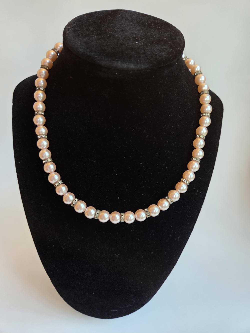 Classic Pink Pearl Necklace with Gold And Rhinestone Spacer Accents